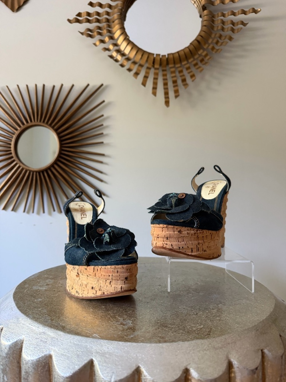 CHANEL - Blue Denim Camellia Cork Platform Slingback Wedges - Picture 3 of 11